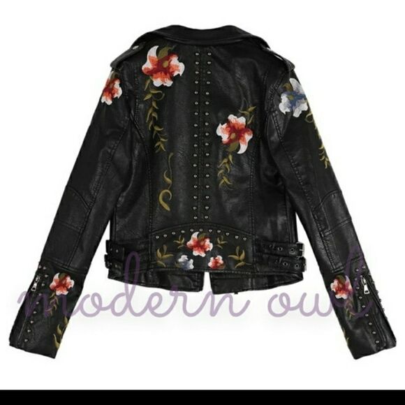 Leather Floral/accented Faux leather Moto Jacket sz L 8-10 XXL 14-16 - Picture 15 of 16